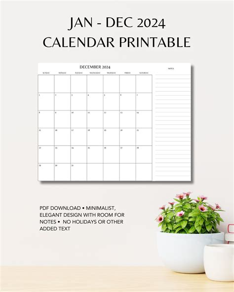 Druckbarer Kalender 2024 Mit Notizen Minimalistisches Design Etsy Schweiz