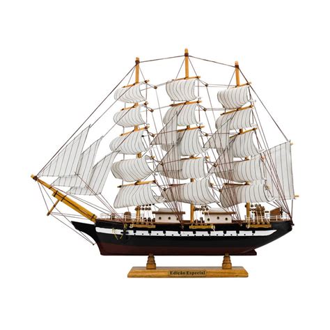 Miniatura Barco Navio Veleiro Madeira Casco Preto Base Marrom