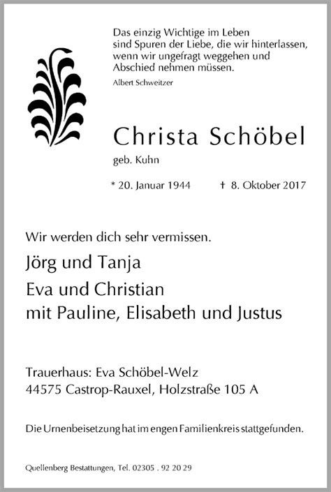 Traueranzeigen Von Christa Sch Bel Trauer In Nrw De