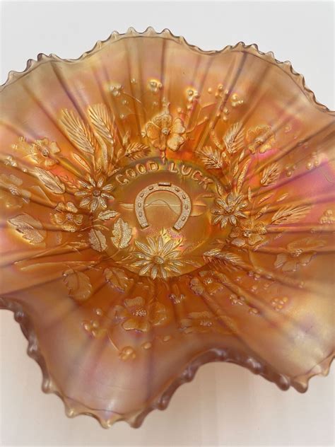 Antique Northwood Marigold Carnival Glass Good Luck Ruffled Bowl Ebay