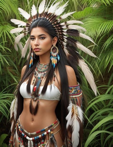 Hermosa Mujer Nativa Americana Con Plumas En La Cabeza Foto Premium