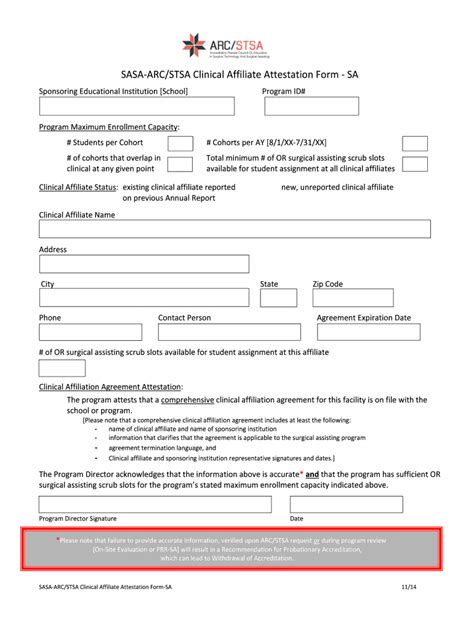 Fillable Online Arcstsa SA Clinical Affiliate Attest Form 1114 ARC