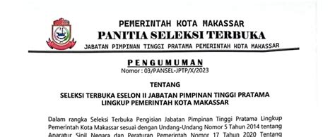 Pemkot Makassar Lelang Jabatan Kepala Dinas Pendaftaran Hingga