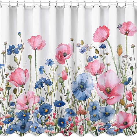 Watercolor Poppy Wildflower Field Shower Curtain Pink And Blue Floral