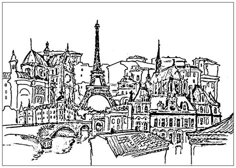 France paris eiffel tower and buildings - Paris Adult Coloring Pages