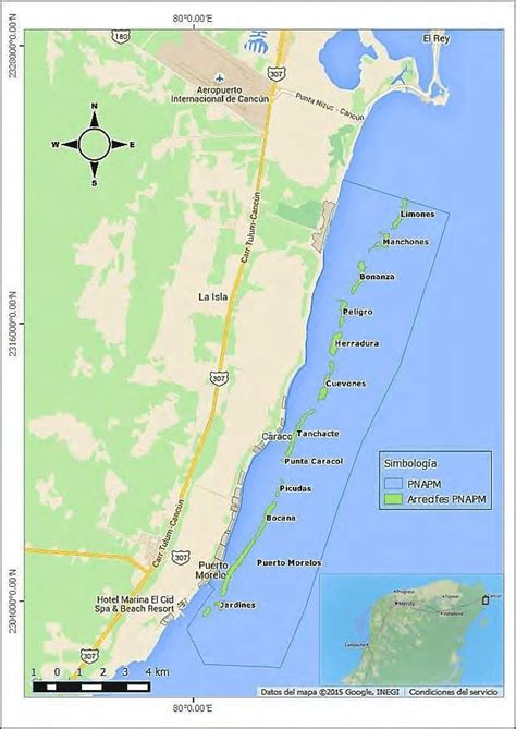 Mapa del Parque Nacional Arrecifes de Puerto Morelos, Q. Roo, México.... | Download Scientific ...