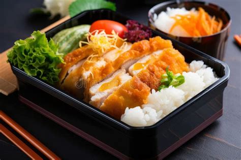 Delicious Chicken Katsu Bento Box With Rice Pickled Vegetables And Tamagoyaki Stock