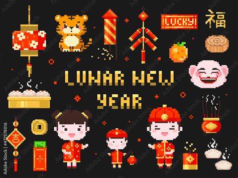 Pixel Art Chinese New Year Clip Art Collection 8 Bit Game Style Asian