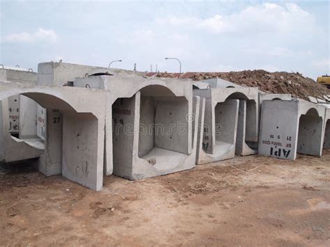 Precast Concrete U Shape Drain Stock Stacked At The Construction Site