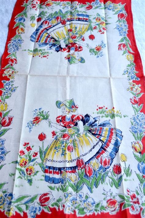 Vintage Kitchen Dish Towel Dutch Girl And Tulips With Red Vintage