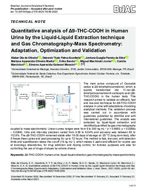 Pdf Quantitative Analysis Of Δ9 Thc Cooh In Human Urine By The Liquid Liquid Extraction