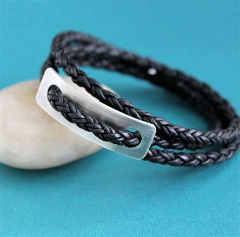 Mens Leather Wrap Bracelet Leather Silver Bracelet Black