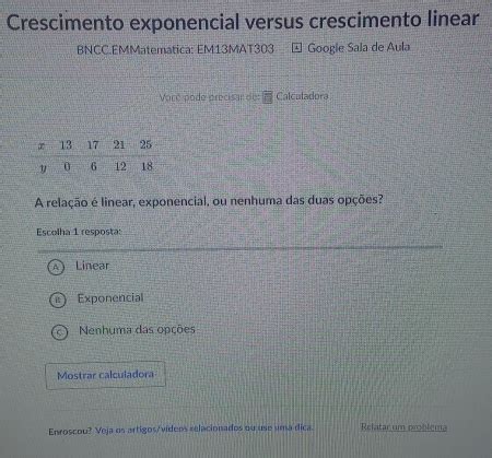 Solved Crescimento Exponencial Versus Crescimento Linear BNCC