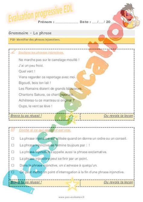 Identifier Des Phrases Injonctives Au Cm1 Evaluation Progressive Pdf à Imprimer Par Pass