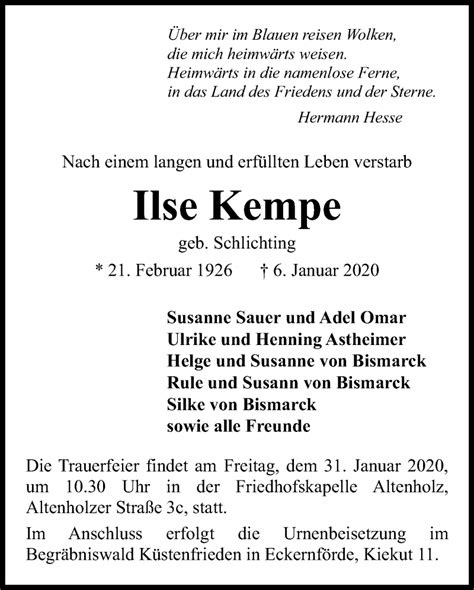 Traueranzeigen Von Ilse Kempe Trauer Anzeigen De