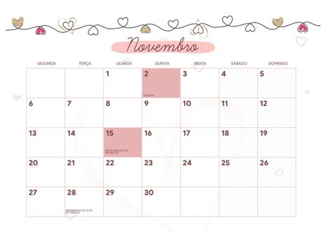 Calendario Mensal Coracao Novembro Fazendo A Nossa Festa