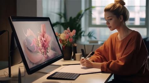 Premium Photo Woman Sitting At Desk Writing In Front Of Computer