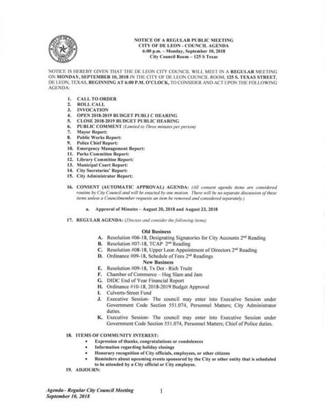 Editable City Council Meeting Agenda Issued For Monday Night De Leon