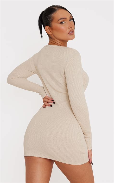 Beige Rib Cut Out Detail Long Sleeve Bodycon Dress Prettylittlething