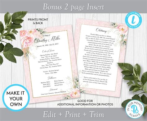 Blush Pink Roses Funeral Program Template Obituaryorder Of Etsy