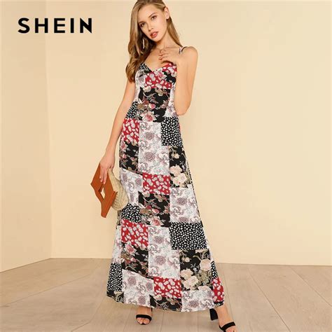 Buy Shein Crisscross Back Floral Patchwork Print Cami