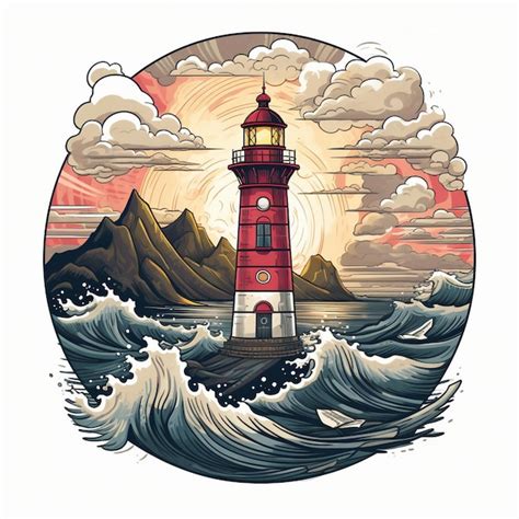 Premium Ai Image A Drawing Of A Lighthouse With The Sun Behind It