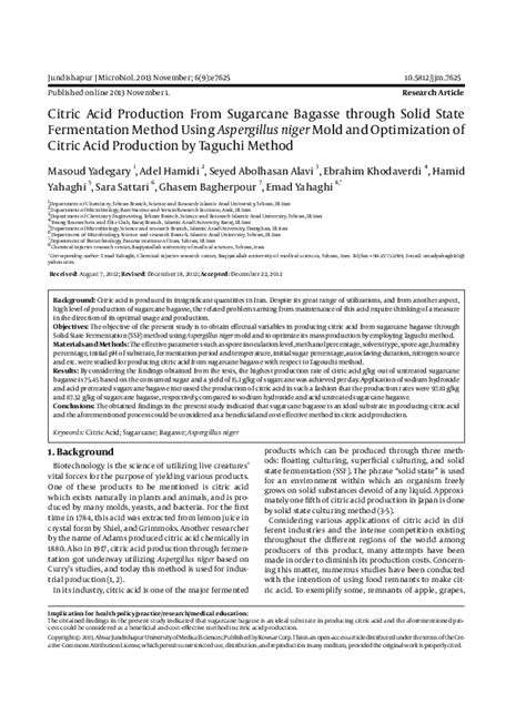 Pdf Citric Acid Production From Sugarcane Bagasse Through Solid State