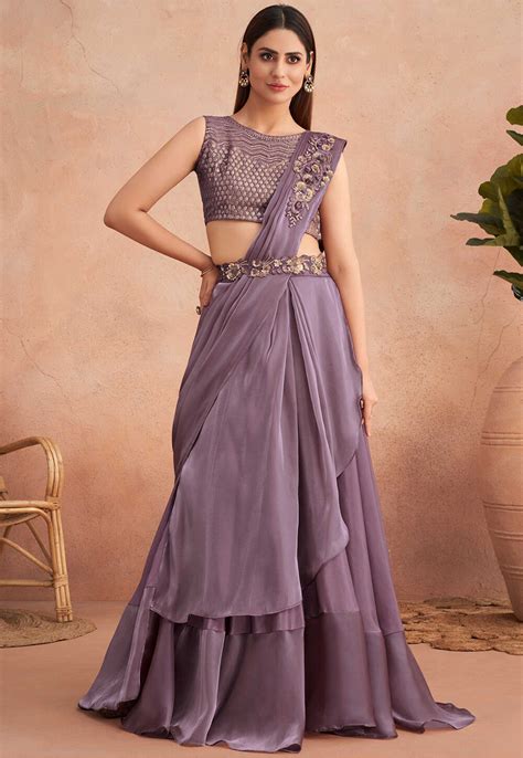 Buy Pre Stitched Satin Georgette Lehenga Style Saree In Purple Online