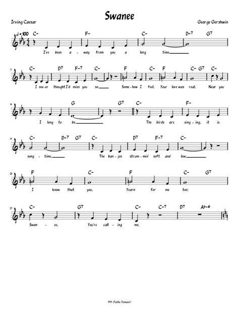 Swanee Lead Sheet With Lyrics And Verse Sheet Music For Piano Solo