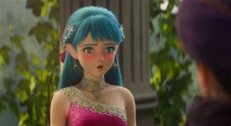 An Animated Woman With Blue Hair Wearing A Pink Dress And Gold Jewelry