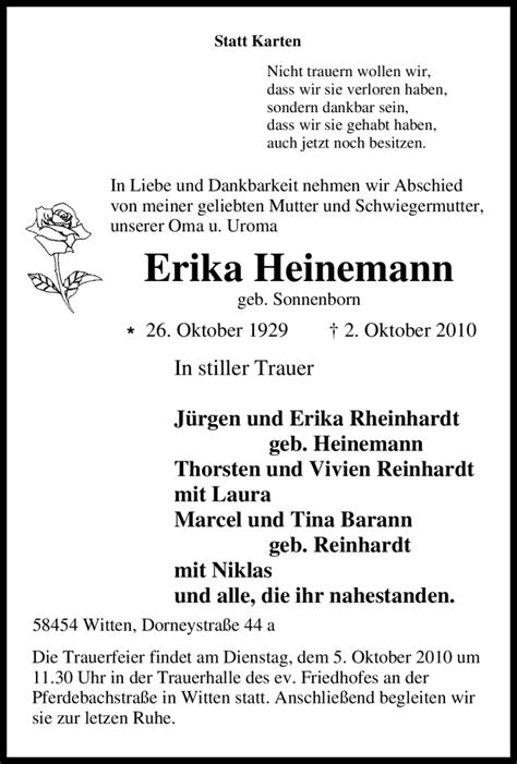 Traueranzeigen Von Erika Heinemann Trauer In Nrw De