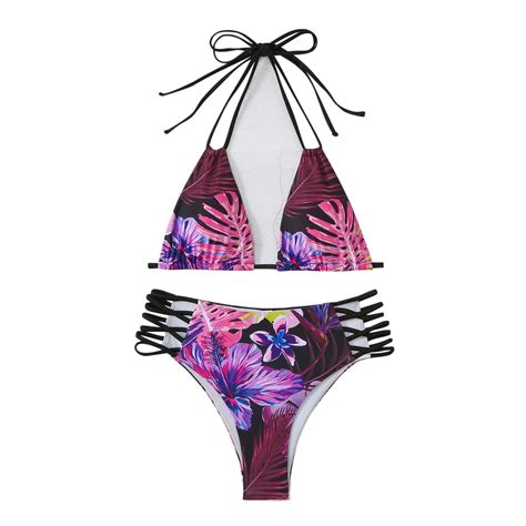 Wreesh Womens Halter String Bikini Sets High Cut Bikini Print Swimwear