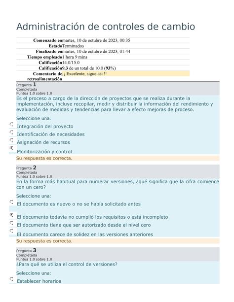 Examen Semana 6 Administración de controles de cambio