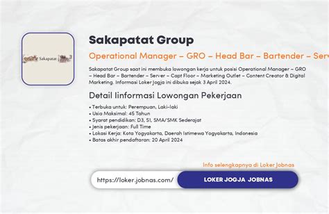 Lowongan Kerja Operational Manager Gro Head Bar Bartender