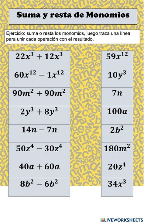 Suma Y Resta De Monomios Interactive Worksheet