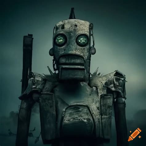 Towering Robot Statue In A Desolate Wasteland With Dust Storms And