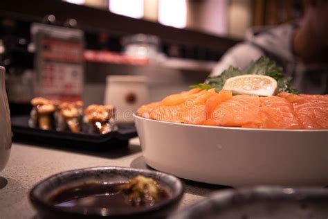 Beautiful View Of Chinese Dishes With Salmon Sashimi Stock Image