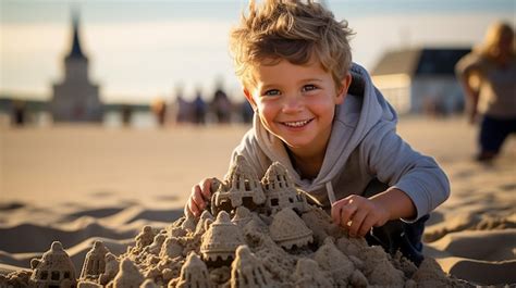 Una imagen en 3D de un bebé feliz jugando con arena con fondo de playa