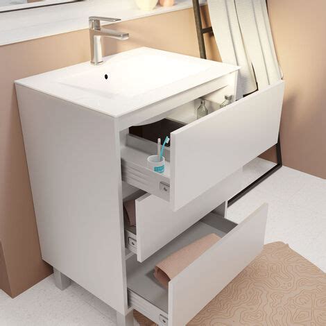 Pack Mueble De Ba O Cm Blanco Lacado Cajones Con Lavabo De Cer Mica