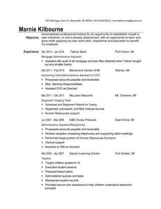 Marnie Kilbourne Chronological Resume Pdf