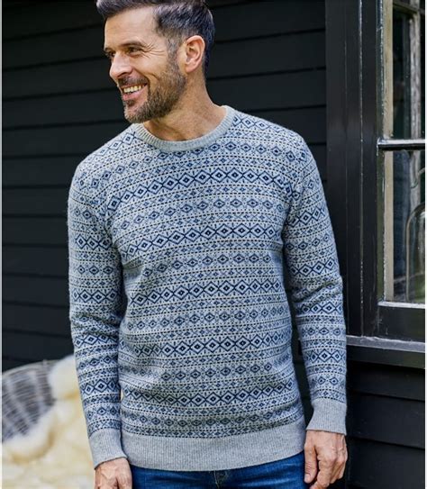 Greyblue Mens Lambswool All Over Fairisle Sweater Woolovers Us