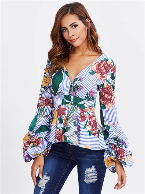 Gathered Sleeve Mixed Print Surplice Wrap Blouse Shein Sheinside