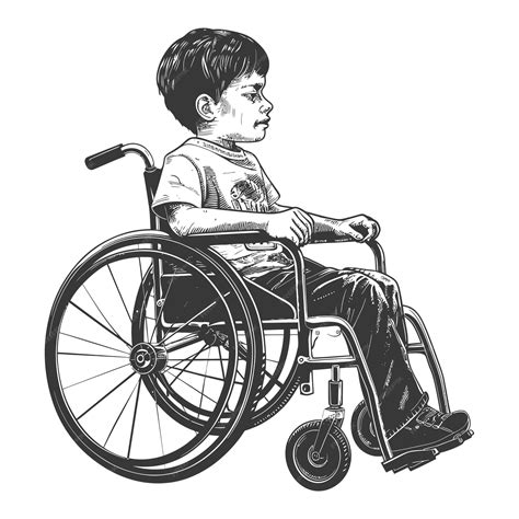 Premium Vector Little Boy In A Wheelchair With Engraving Style