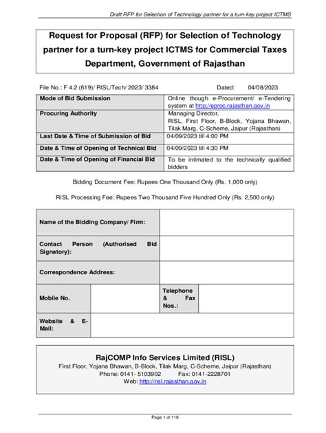 Fillable Online Risl Rajasthan Gov Request For Proposal RFP For