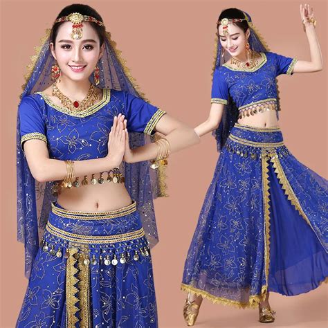 Bollywood Belly Dance Costume Set Indian Dance Sari 5pcs Headpieces