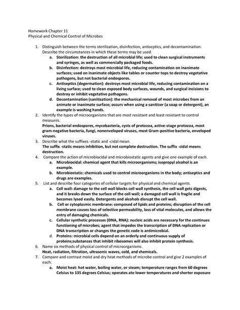 Physical And Chemical Control Of Microbes Homework Chapter 11