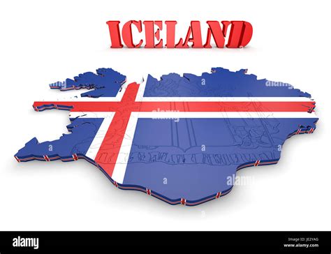 Mapa 3D ilustración de Islandia con bandera y escudo Fotografía de