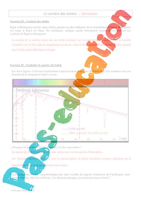 Lumière des étoiles 2nde Exercices corrigés Pass Education