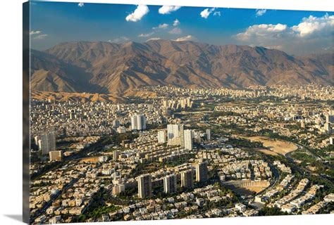 Aerial view of Tehran facing North towards the Alborz Mountains, Tehran ...