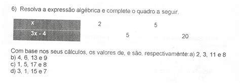 Resolva A Expressão Algébrica E Complete O Quadro A Seguir LIBRAIN